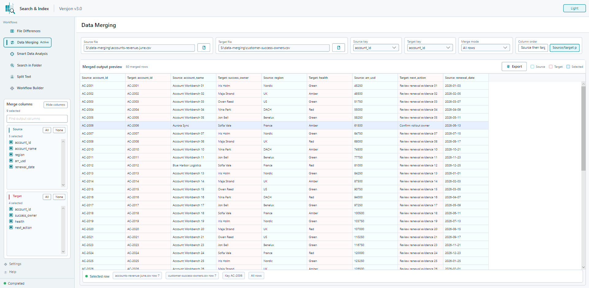 Data Merging screenshot in Search & Index