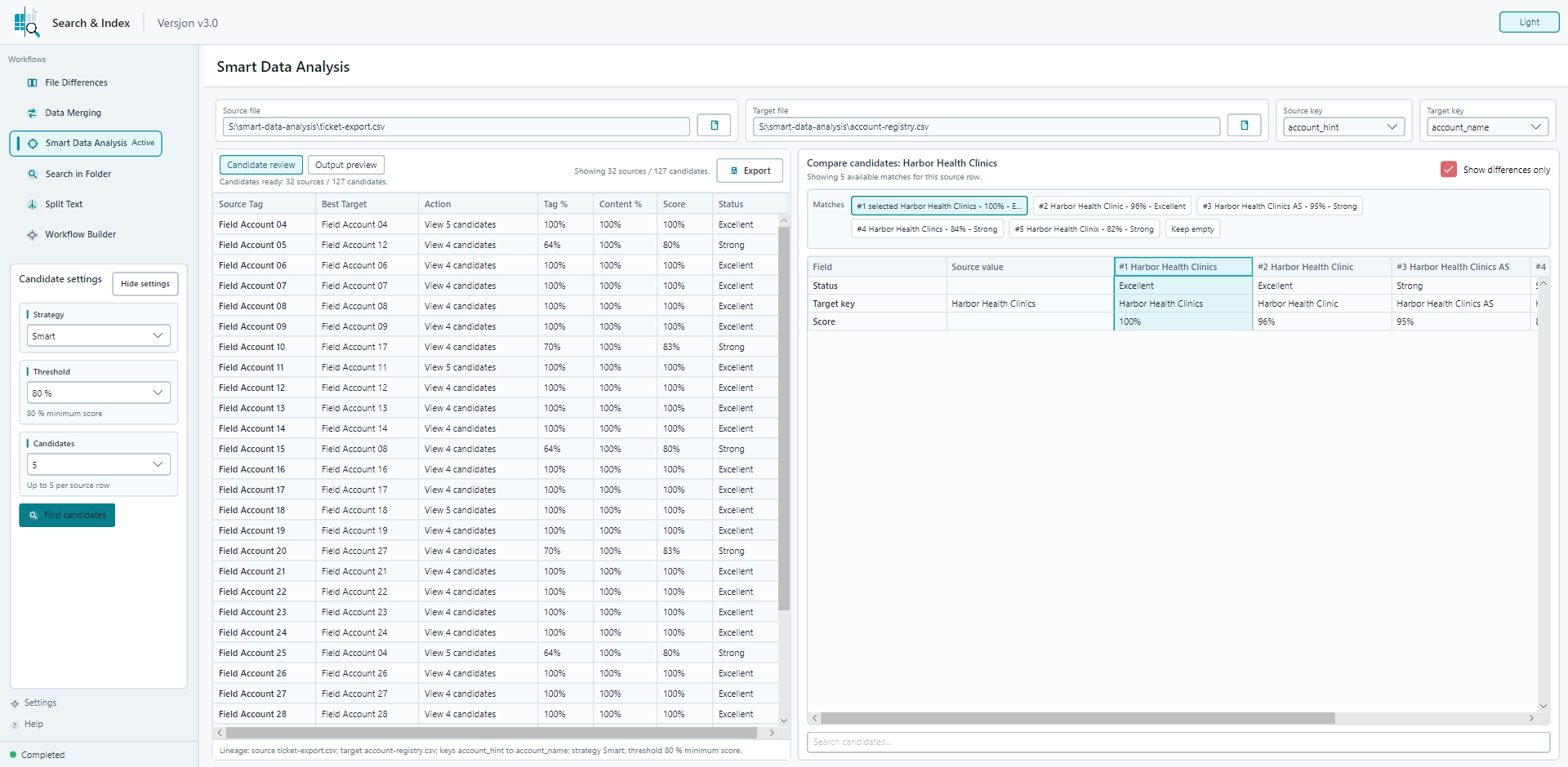 Smart Data Analysis screenshot in Search & Index